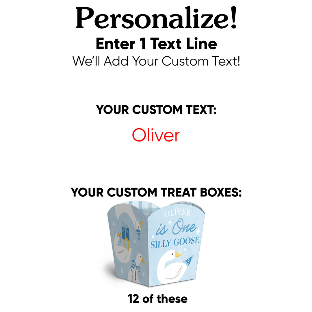 Custom Text One Silly Goose Blue Treat Boxes - 12 Ct