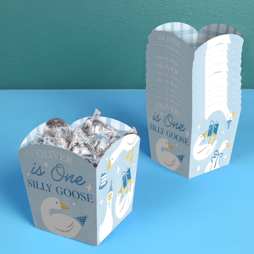 Custom Text One Silly Goose Blue Treat Boxes - 12 Ct