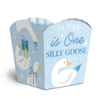 Custom Text One Silly Goose Blue Treat Boxes - 12 Ct