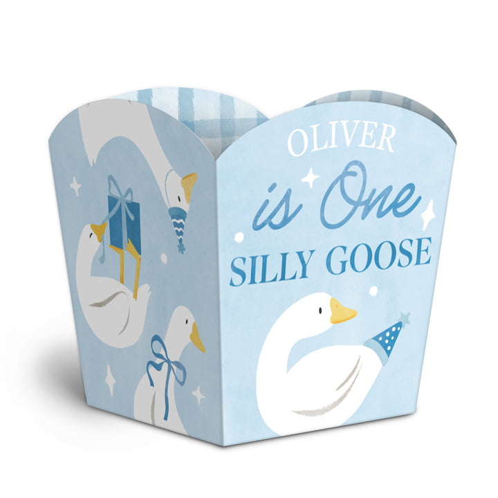 Custom Text One Silly Goose Blue Treat Boxes - 12 Ct