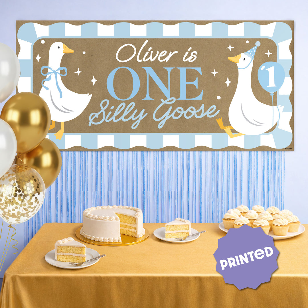 Blue first birthday party backdrop with goose banner