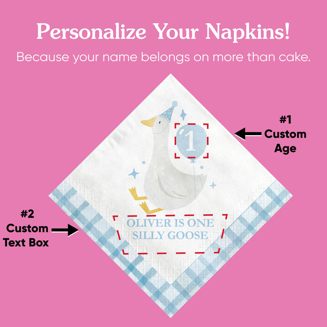 One Silly Goose blue personalized napkins with custom text