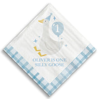 Close-up of blue goose and balloon napkin design