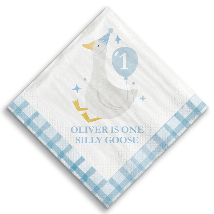 Close-up of blue goose and balloon napkin design