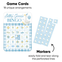 Silly Goose bingo game showing 18 cards and marker sheets