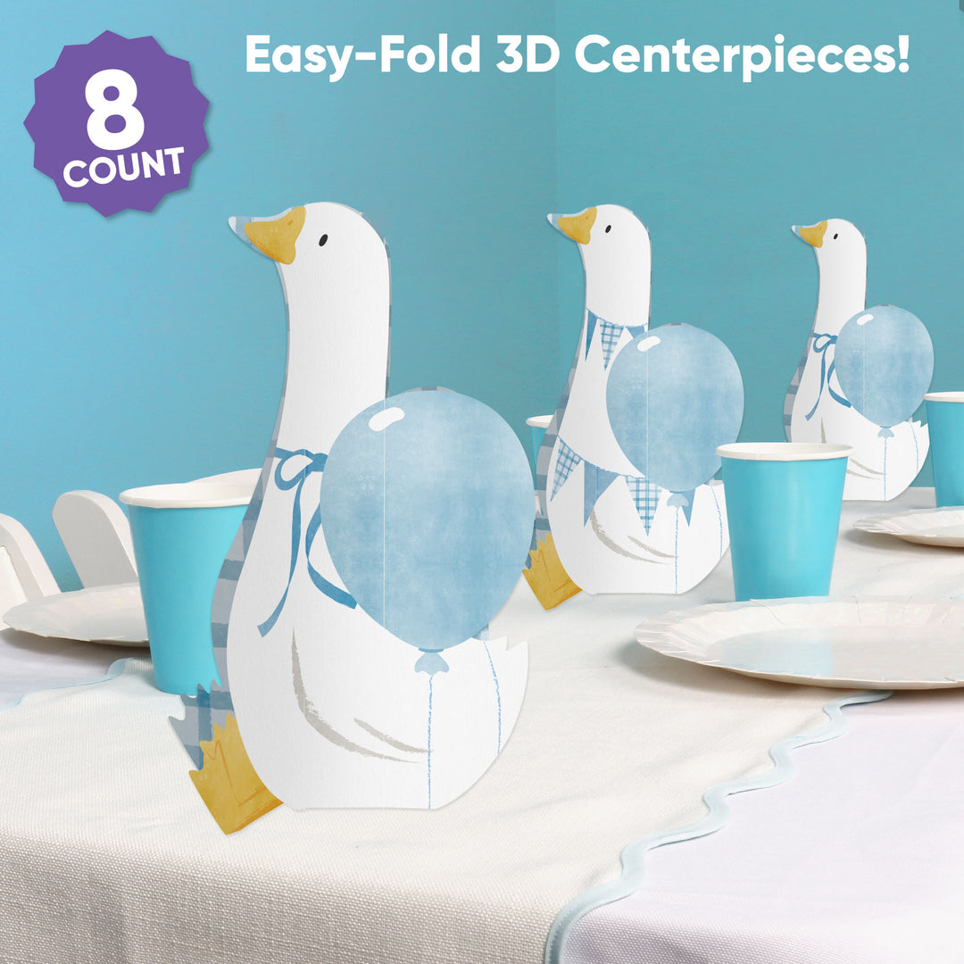 Silly Goose centerpiece close-up with balloon and blue accents