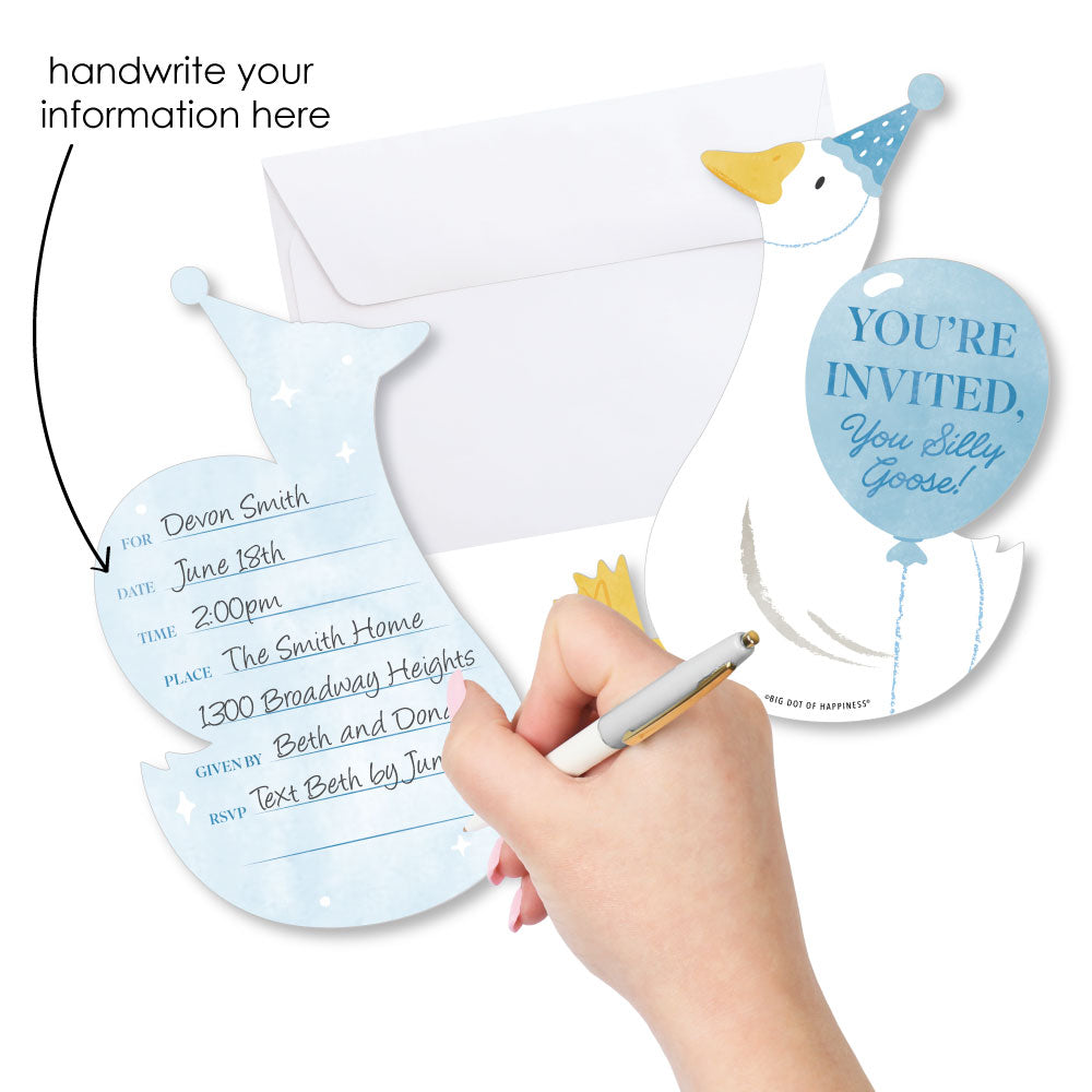 Silly Goose invitation back with fill-in party details