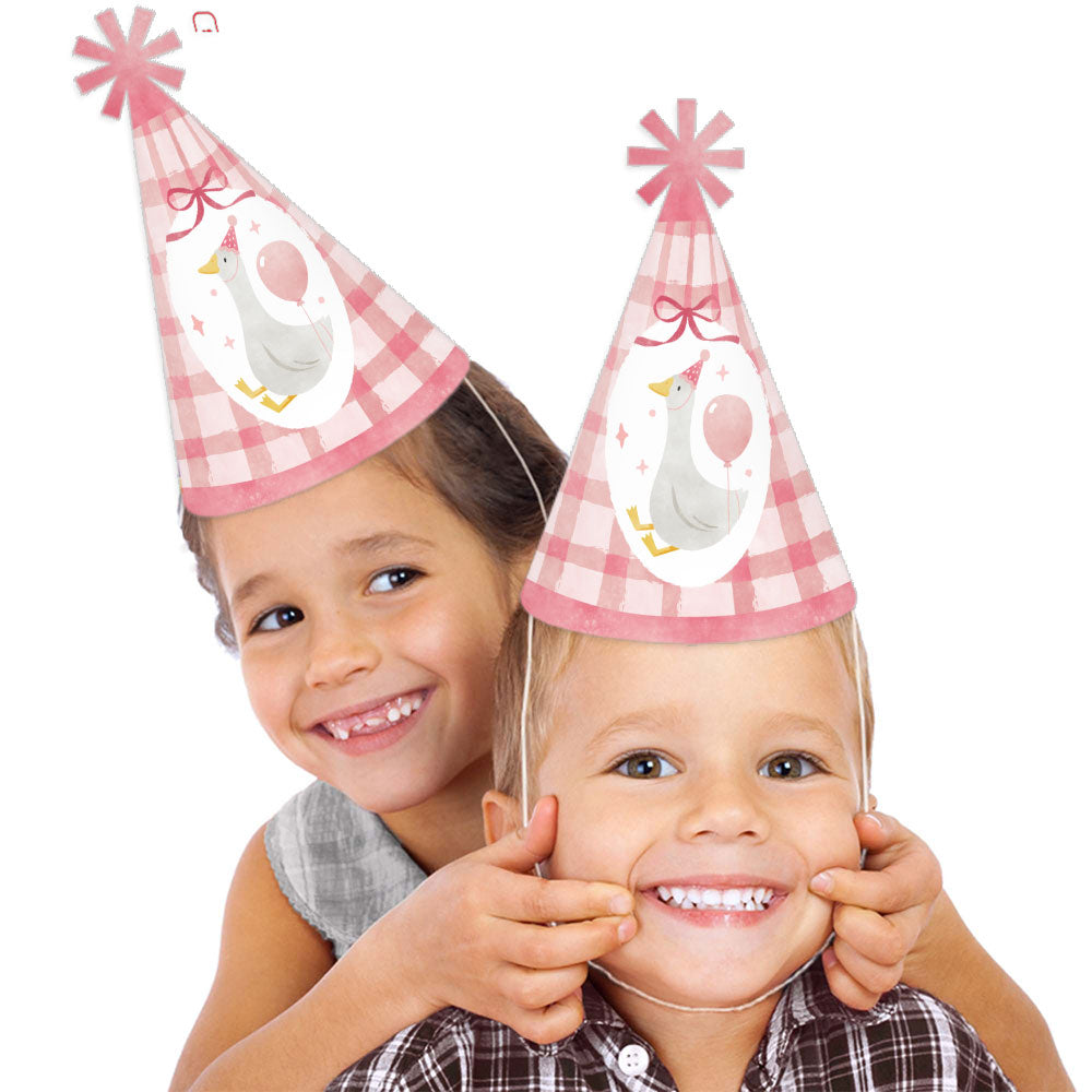 Pink Silly Goose cone party hats with elastic, set of 8 for first birthdays