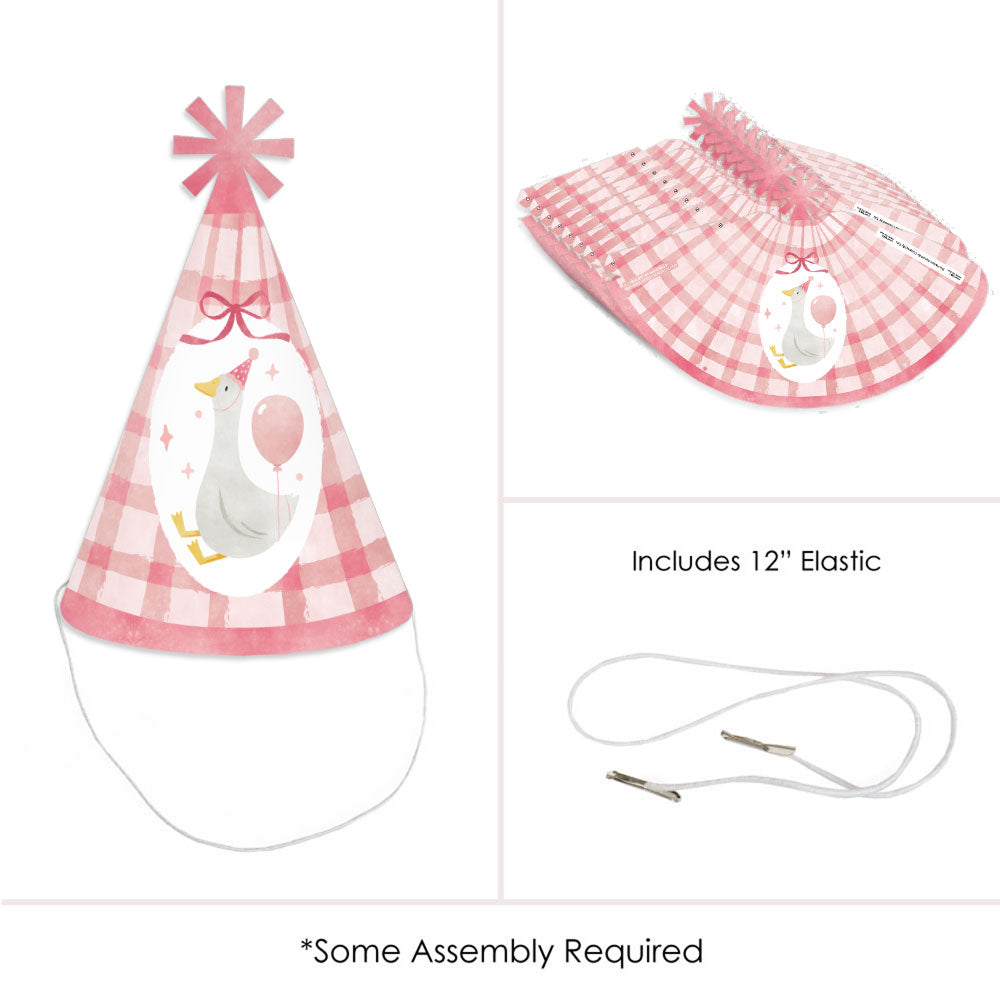 Paper cone birthday hats in pink with playful goose design, 8-pack