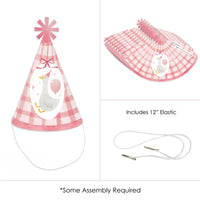 Paper cone birthday hats in pink with playful goose design, 8-pack