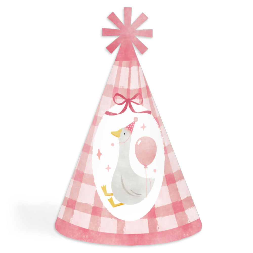 One Silly Goose pink cone party hats, set of 8 with elastic, for girl’s first birthday party or baby shower