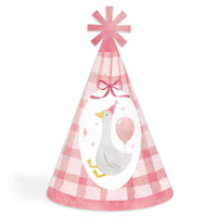One Silly Goose pink cone party hats, set of 8 with elastic, for girl’s first birthday party or baby shower