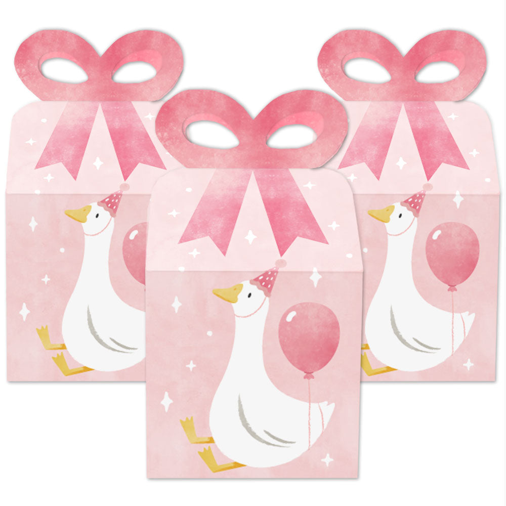 Pink Silly Goose bow favor boxes, 12-piece set for birthday party treats
