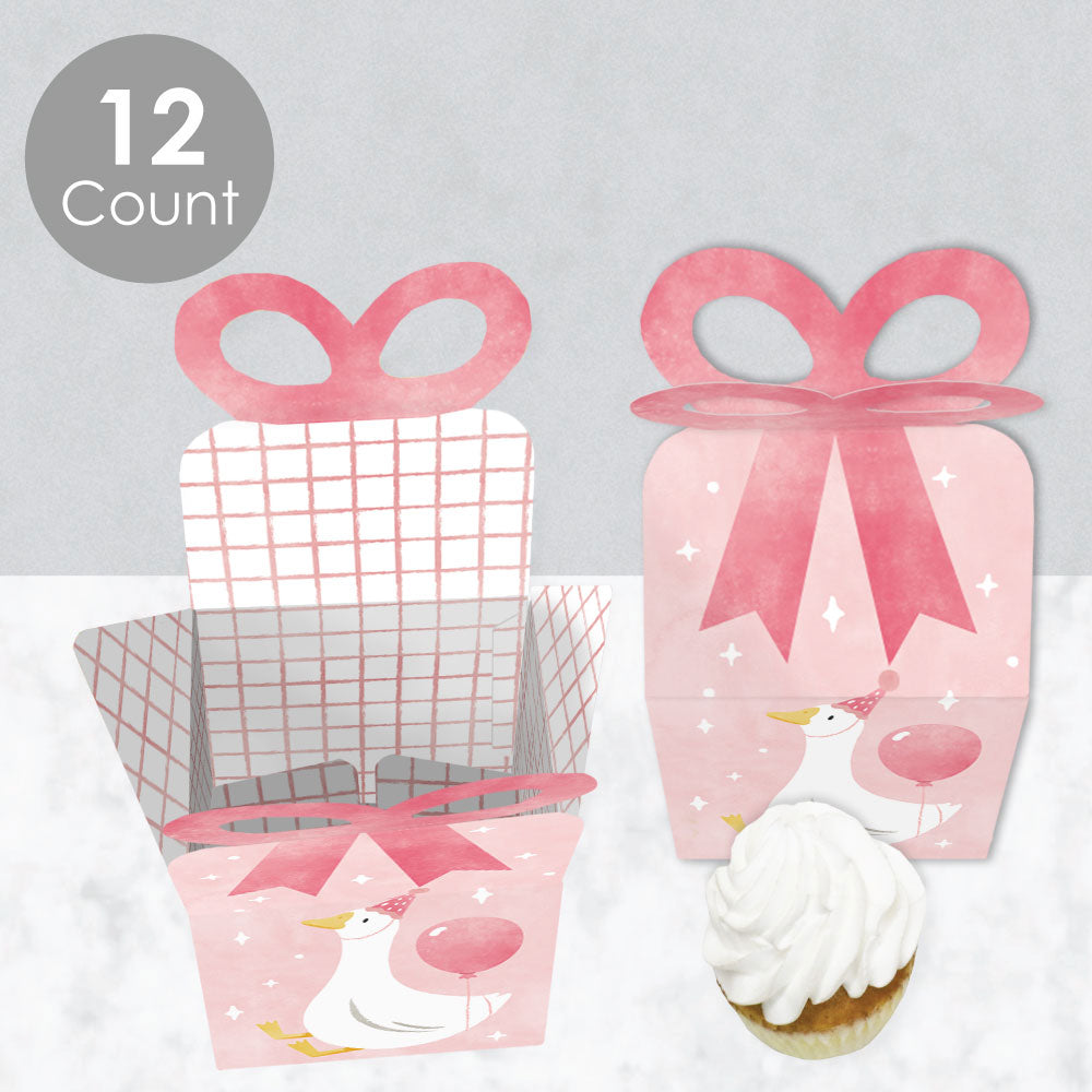 Girl’s first birthday party favor boxes with 3D bows, set of 12