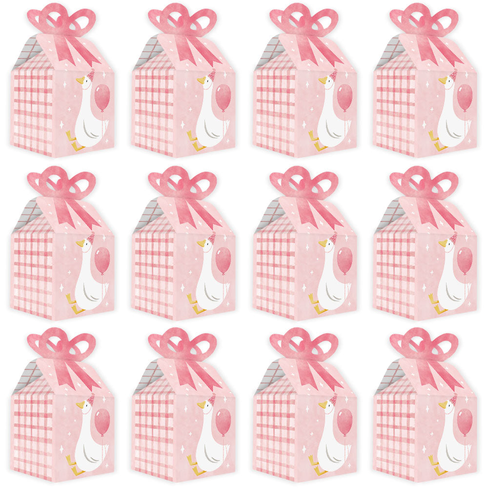 Square paper gift boxes with pink Silly Goose design for party take-home favors
