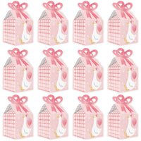 Square paper gift boxes with pink Silly Goose design for party take-home favors