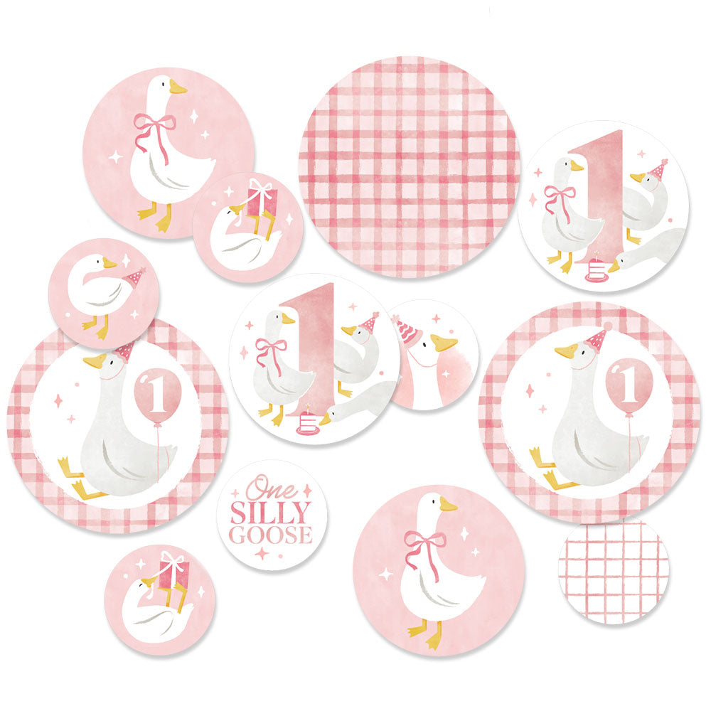 One Silly Goose pink giant circle confetti, set of 27 cardstock pieces in assorted sizes for girl’s first birthday party tables