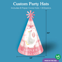 Custom party hat with a goose design, including dimensions.