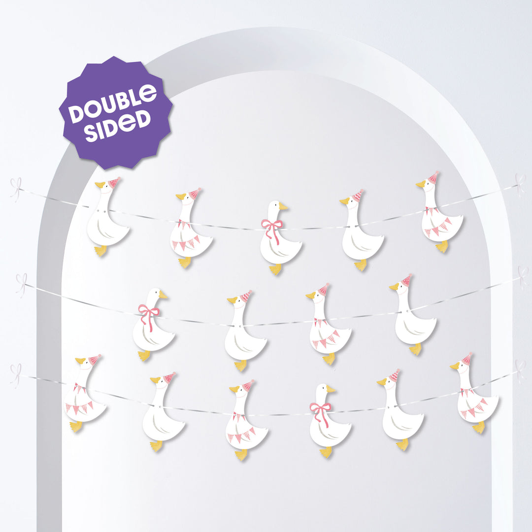 Pink Silly Goose garland banner, 15 goose-shaped pieces with satin cord