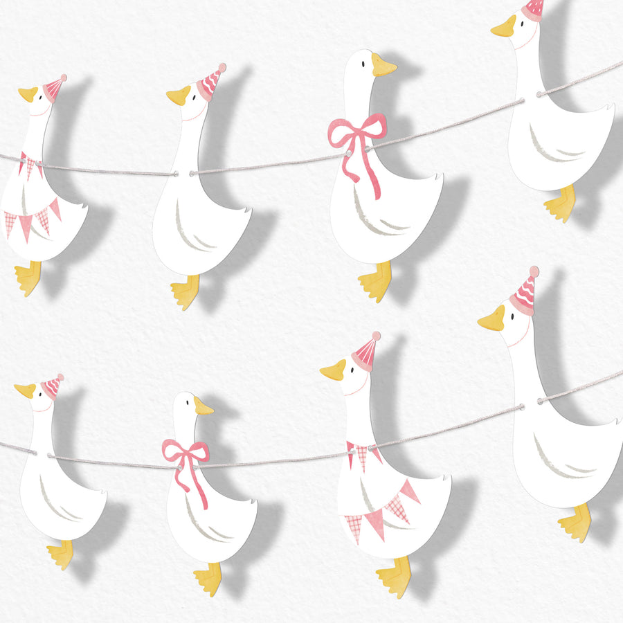 One Silly Goose pink assorted garland banner, 15 goose-shaped pieces with satin cord for first birthday or baby shower decor