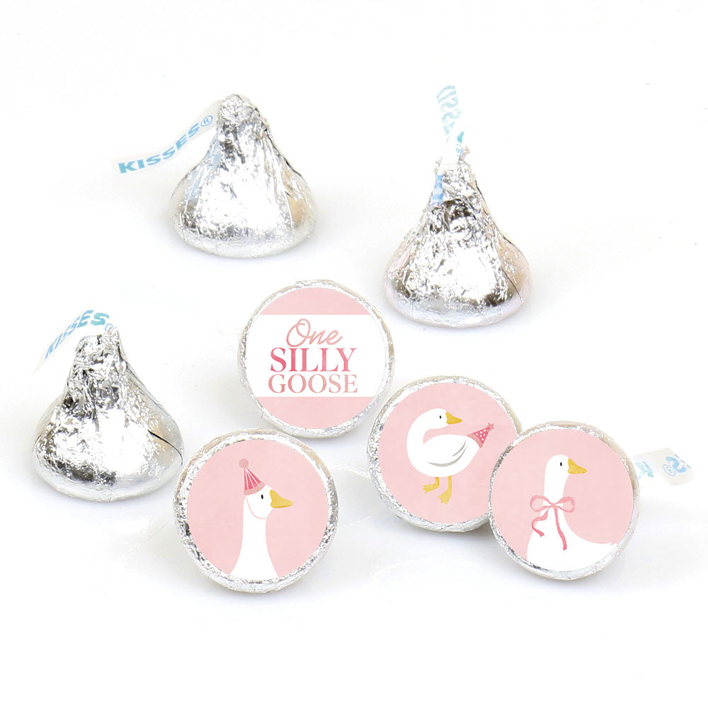 One Silly Goose round candy sticker labels, set of 108, pink stickers for first birthday party candy or favors