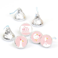 One Silly Goose round candy sticker labels, set of 108, pink stickers for first birthday party candy or favors