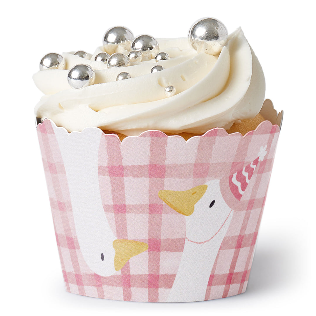Pink Silly Goose cupcake wrappers, set of 12, decorative paper wraps for girl’s first birthday or baby shower