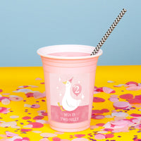 Close-up of goose design personalized sticker on pink party cup