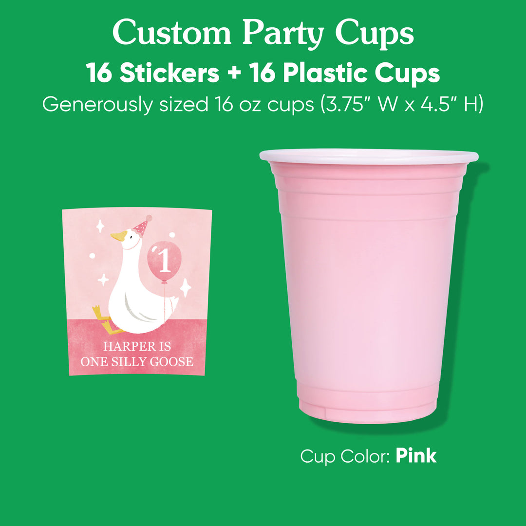 Waterproof curved sticker applied to pink plastic cup detail