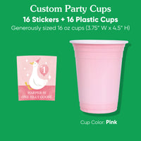 Waterproof curved sticker applied to pink plastic cup detail