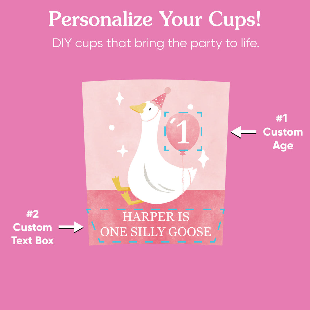 Close-up of goose design personalized sticker on pink party cup