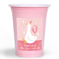 One Silly Goose pink custom party cups with personalized stickers