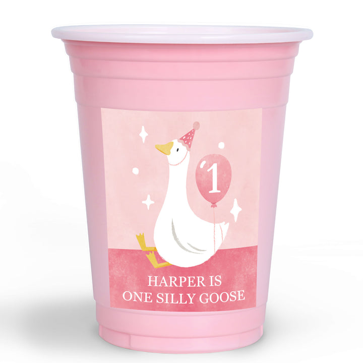 One Silly Goose pink custom party cups with personalized stickers