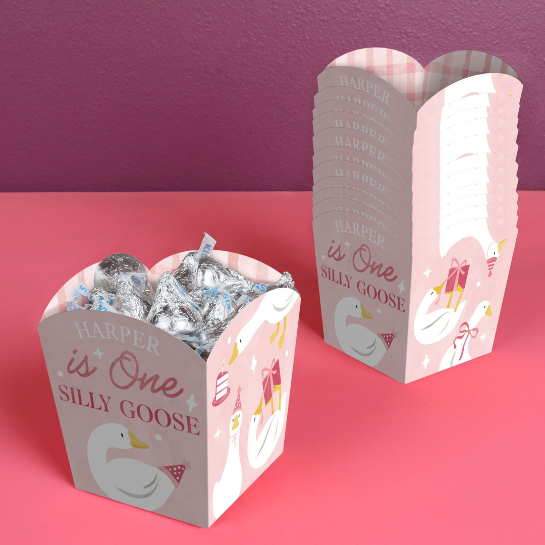 Custom Text One Silly Goose Pink Treat Boxes - 12 Ct