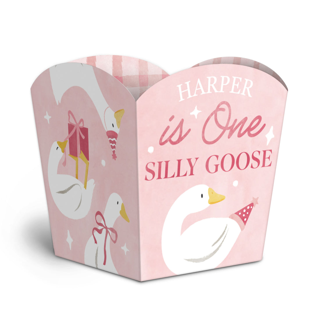 Custom Text One Silly Goose Pink Treat Boxes - 12 Ct