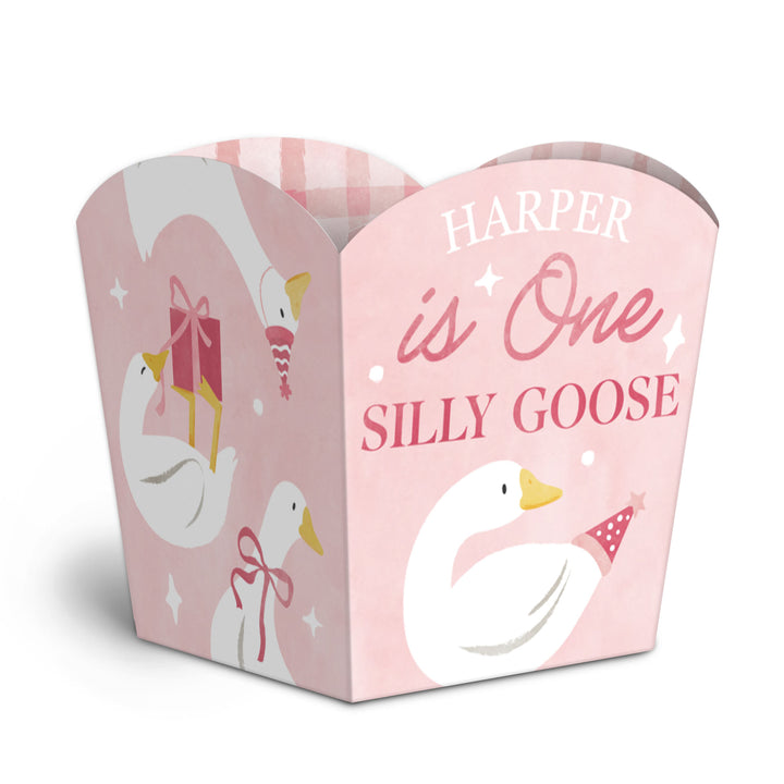 Custom Text One Silly Goose Pink Treat Boxes - 12 Ct