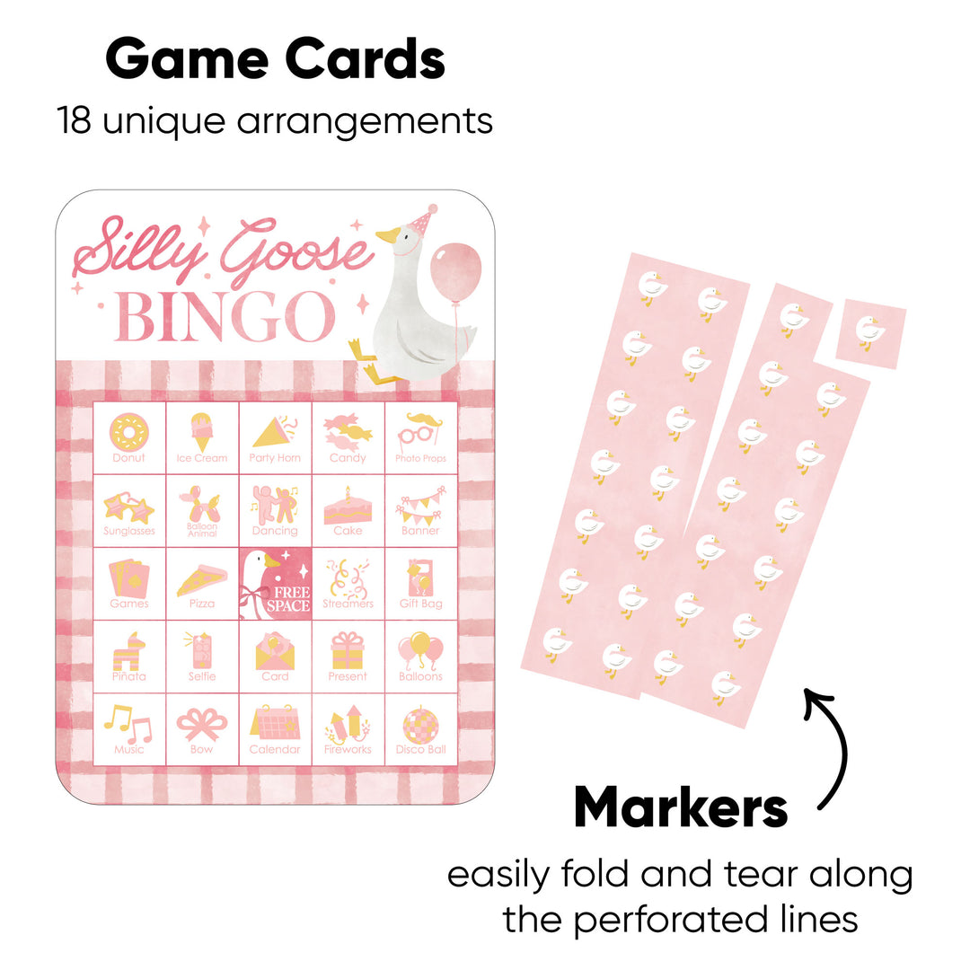 One Silly Goose birthday party bingo game with markers and caller chips