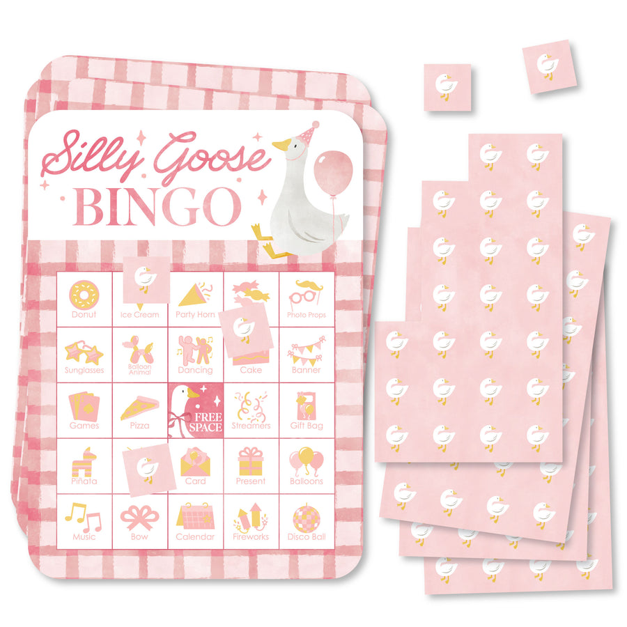 Silly Goose bingo game cards with pink artwork for first birthday or baby shower