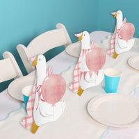 Easy-to-assemble One Silly Goose Pink 3D table centerpiece shown folded into standing shape