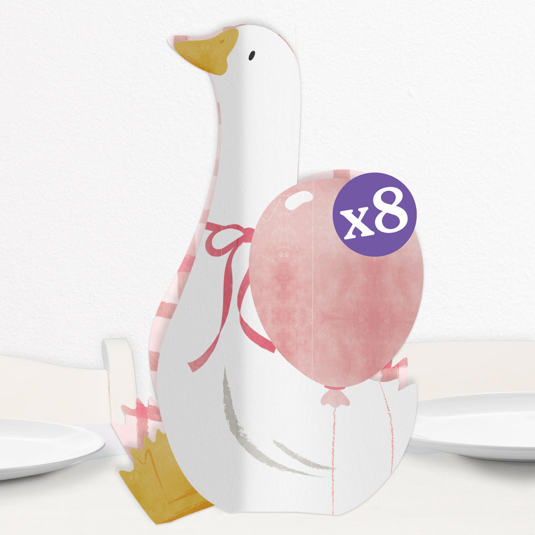 One Silly Goose Pink 3D table centerpieces with freestanding goose designs for a girl’s first birthday