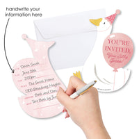 Back of One Silly Goose Pink shaped invitation showing fill-in lines for party details
