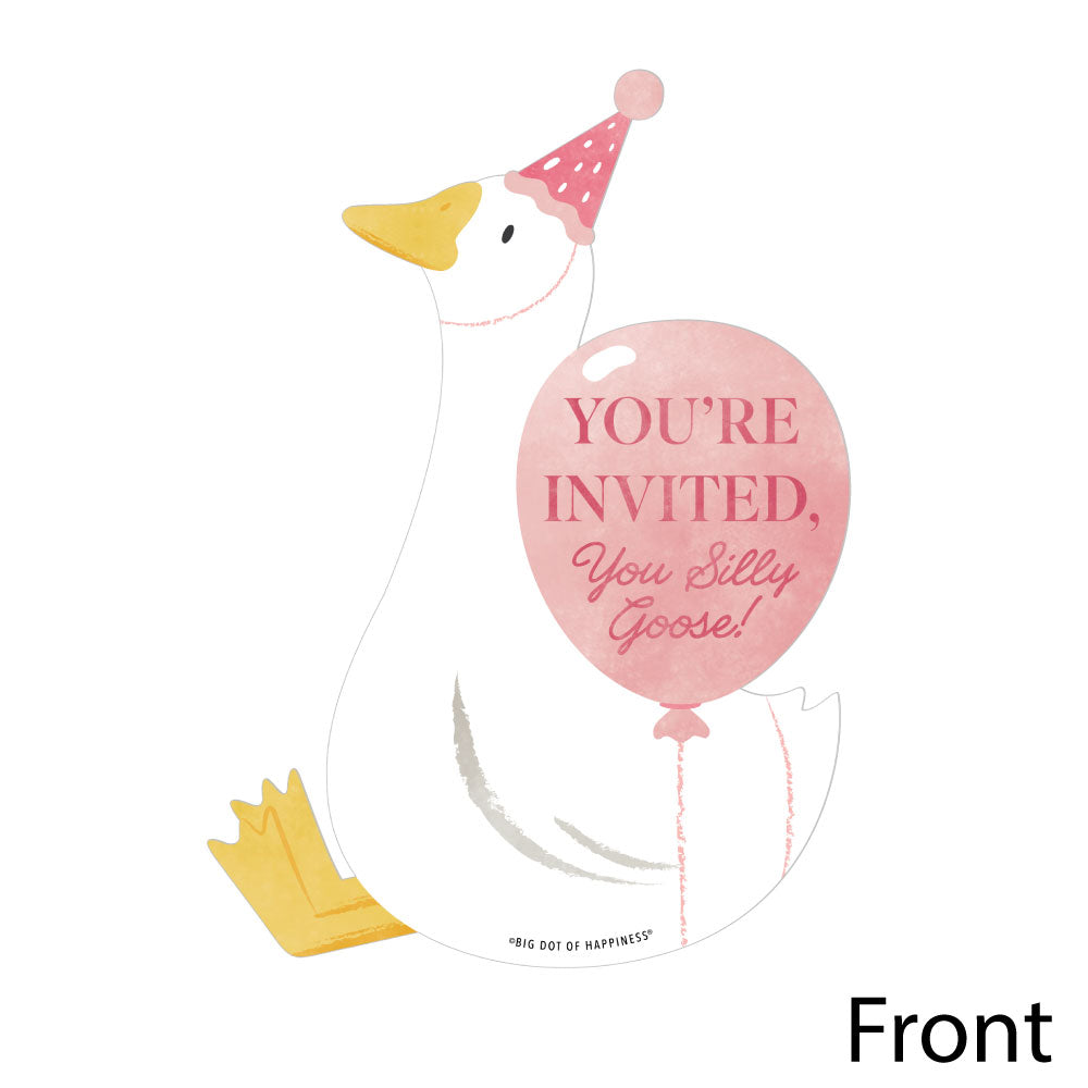 Front of One Silly Goose Pink shaped invitation featuring “You’re Invited, You Silly Goose” text