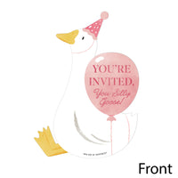 Front of One Silly Goose Pink shaped invitation featuring “You’re Invited, You Silly Goose” text