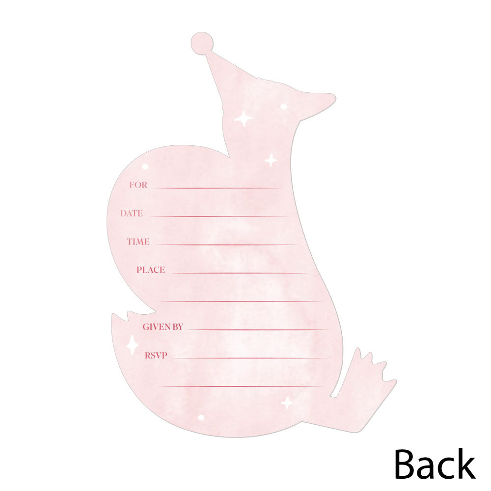 Back of One Silly Goose Pink shaped invitation showing fill-in lines for party details