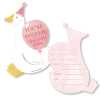 One Silly Goose Pink shaped fill-in invitations with goose design for a girl’s first birthday