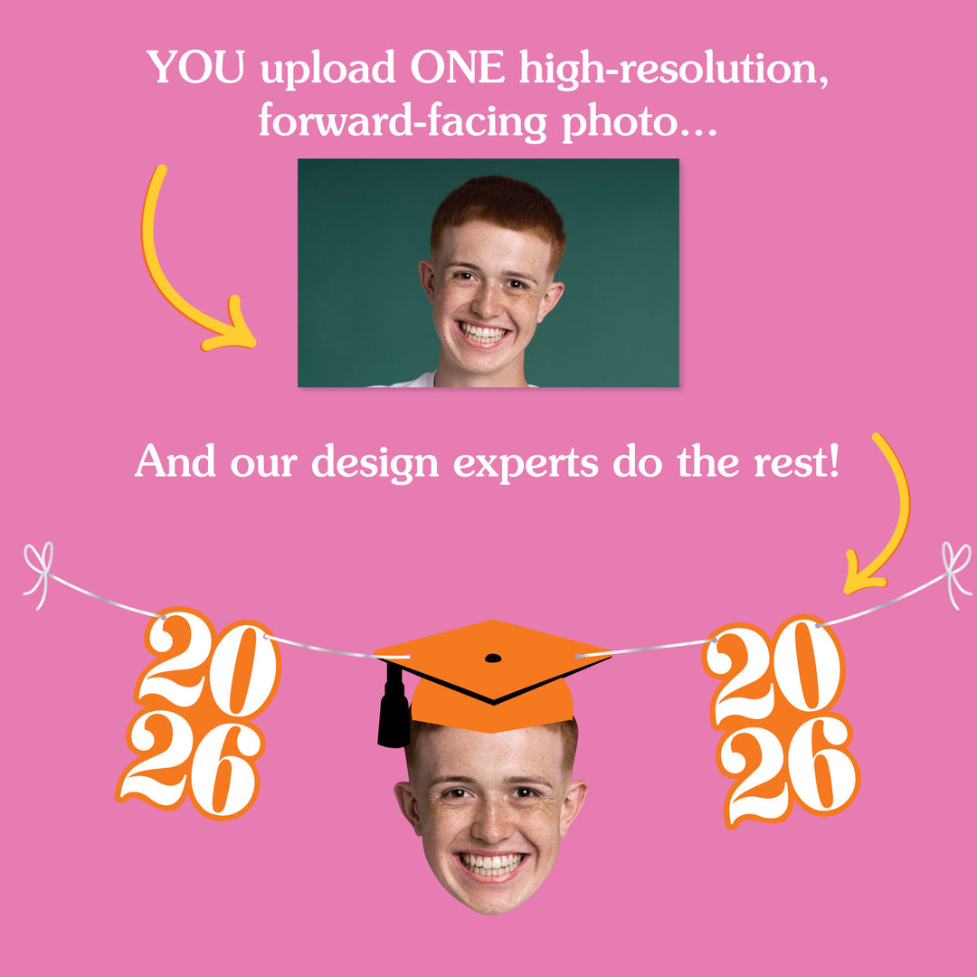 Promotional graphic for a photo customization service with a person's face and graduation-themed design elements on a pink background.