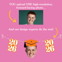 Promotional graphic for a photo customization service with a person's face and graduation-themed design elements on a pink background.
