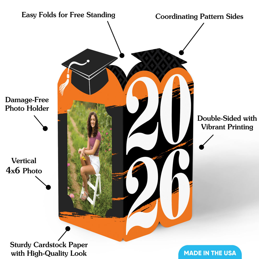 Graduation-themed photo frame with features highlighted on a white background