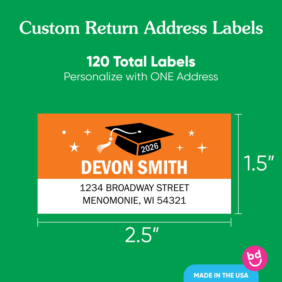 Custom Text Orange Graduation Return Address Labels - 120 Ct