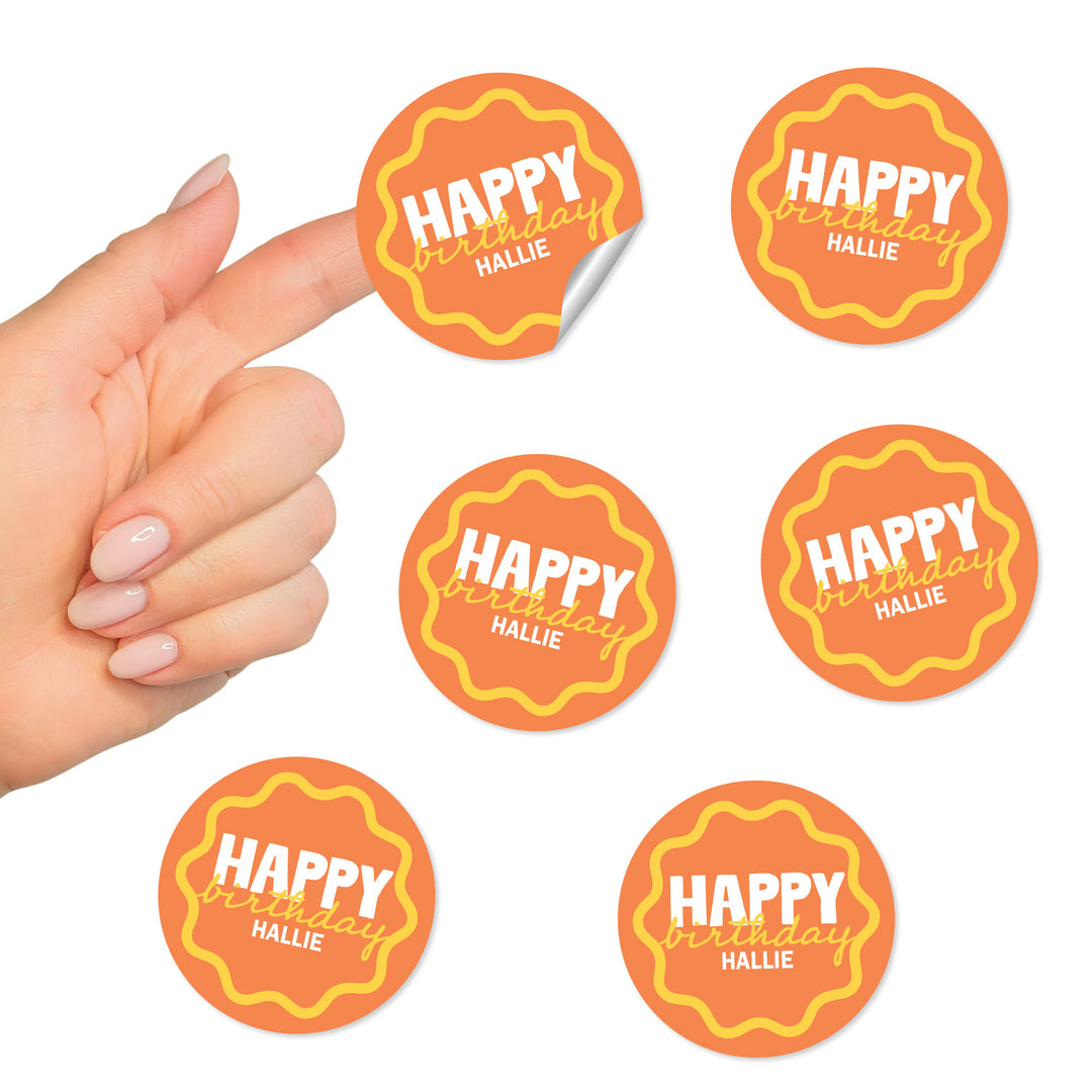 Custom Text Round Stickers - Wavy Birthday - 24 Ct